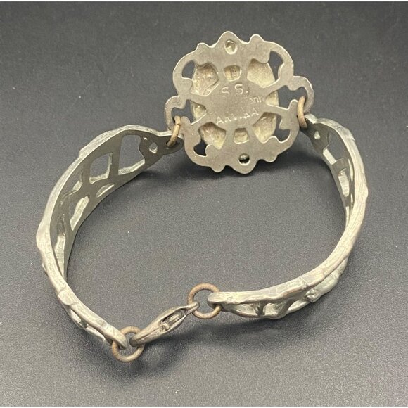 Vintage Black Onyx Cabochon Silver Plated Bracelet Signed Armuna Mexico Artisan - Picture 5 of 10